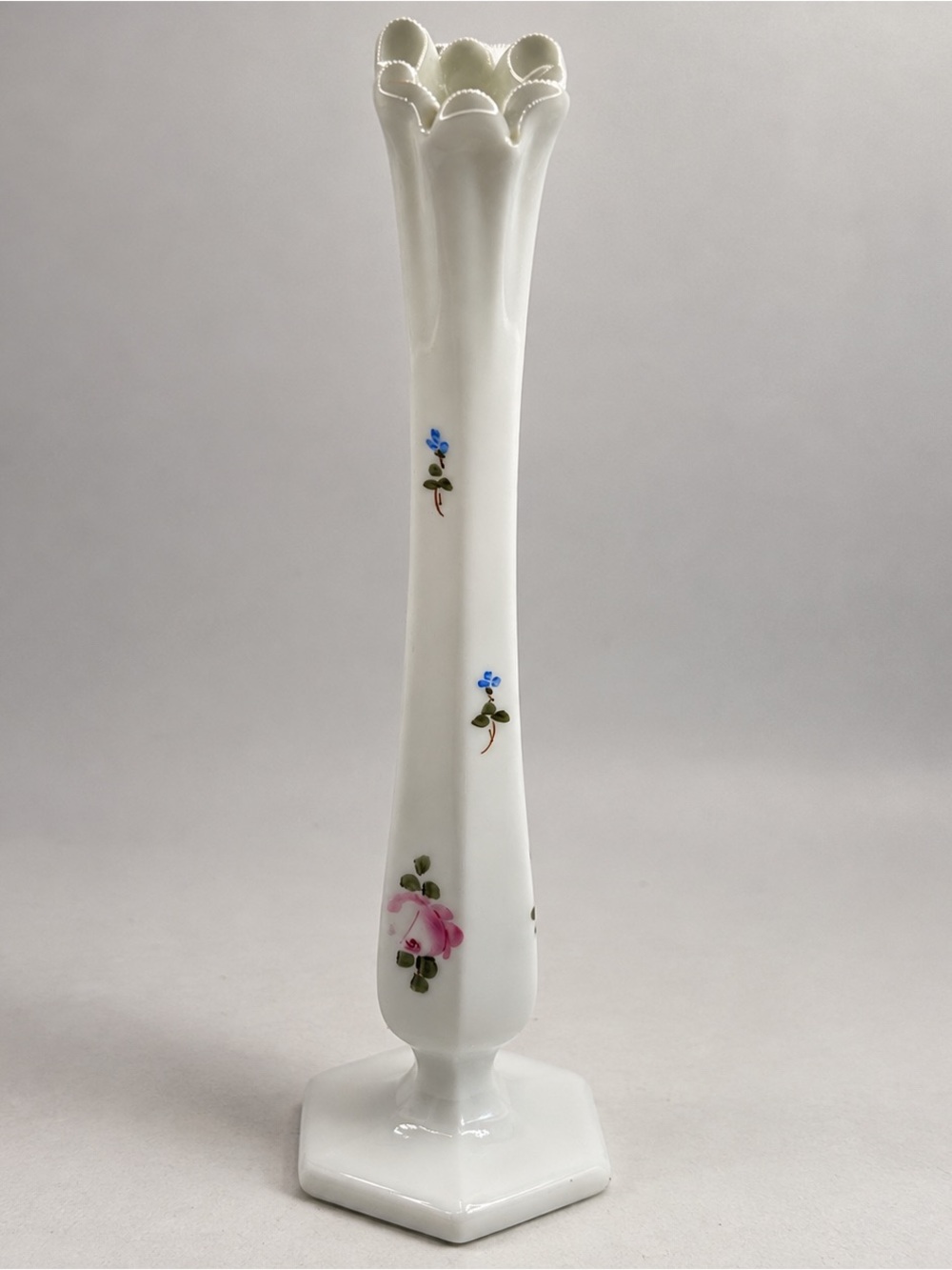 Vintage Westmoreland Milk Glass Bud Vase Hand Painted Floral Pink Rose Ruffled